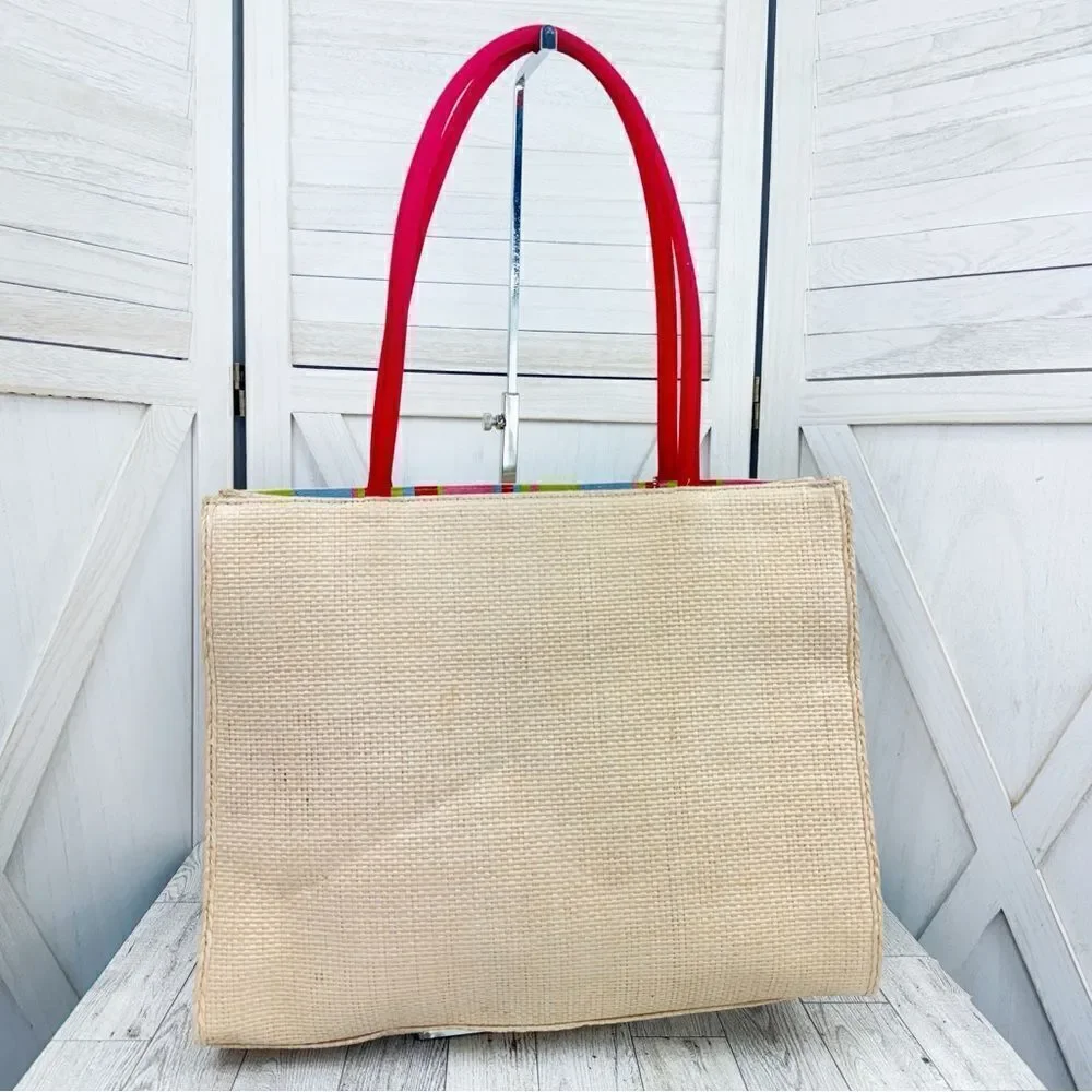 Fossil Forever‎ Faux Straw Beach Vacation Tote Shoulder Bag Large Cream Red